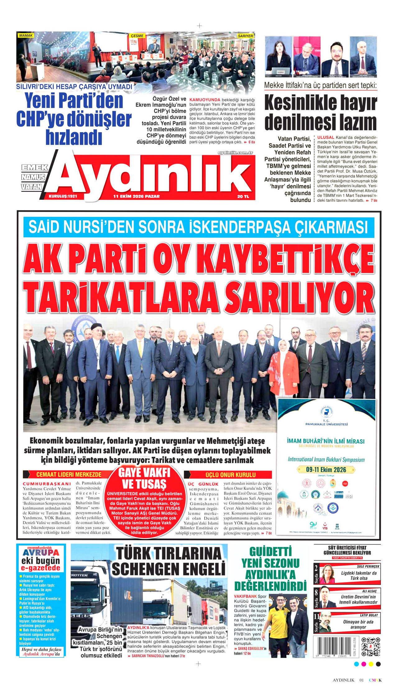 Aydınlık Gazetesi 11 Ekim 2026 Pazar Manşeti Büyük Boyut