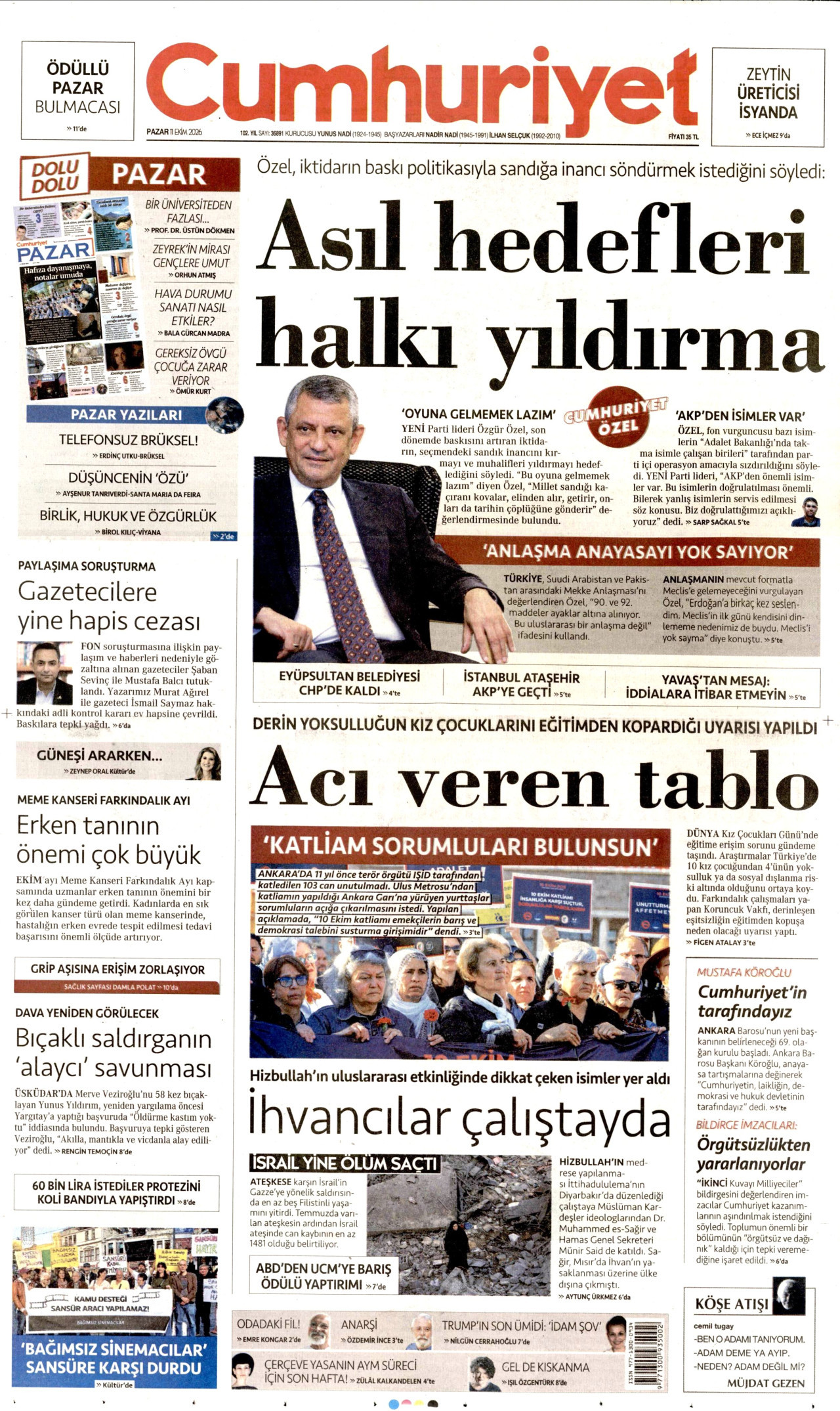 Cumhuriyet Gazetesi 12 Ekim 2026 Pazartesi Manşeti Büyük Boyut