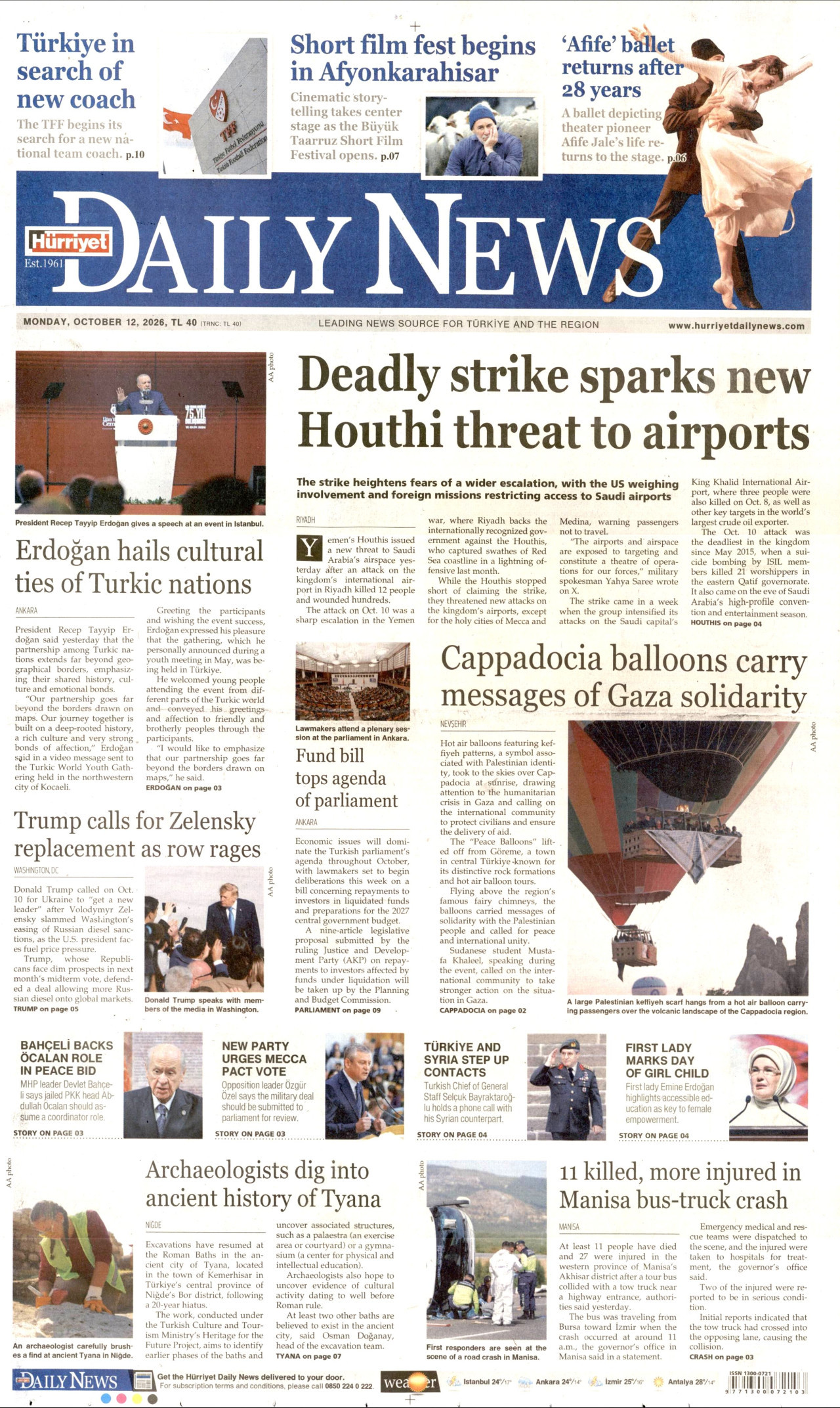 Hürriyet Daily News Gazetesi 12 Ekim 2026 Pazartesi Manşeti Büyük Boyut