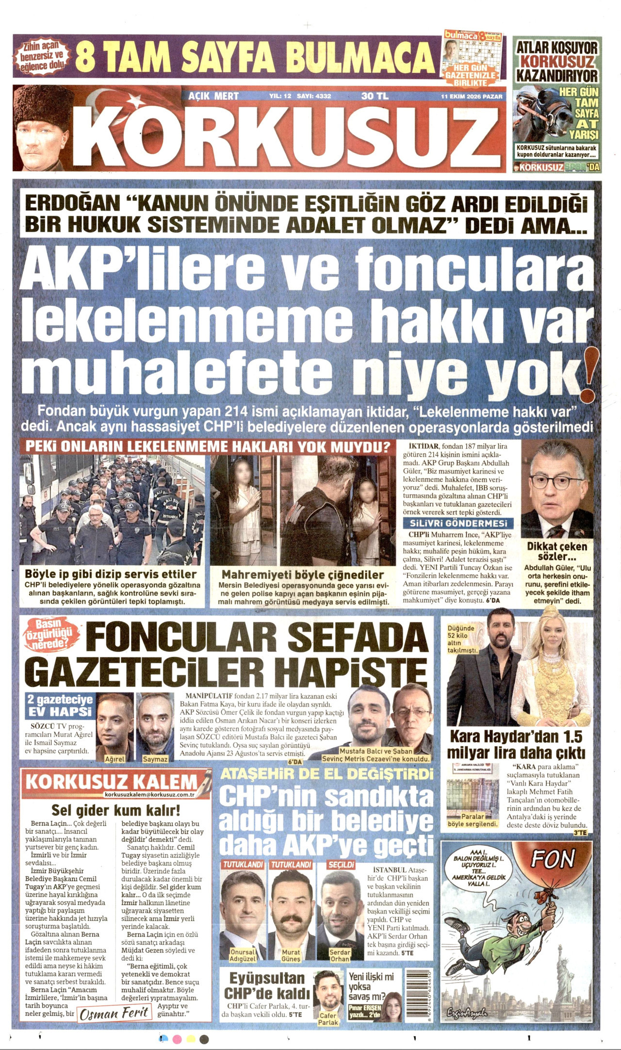 Korkusuz Gazetesi 12 Ekim 2026 Pazartesi Manşeti Büyük Boyut