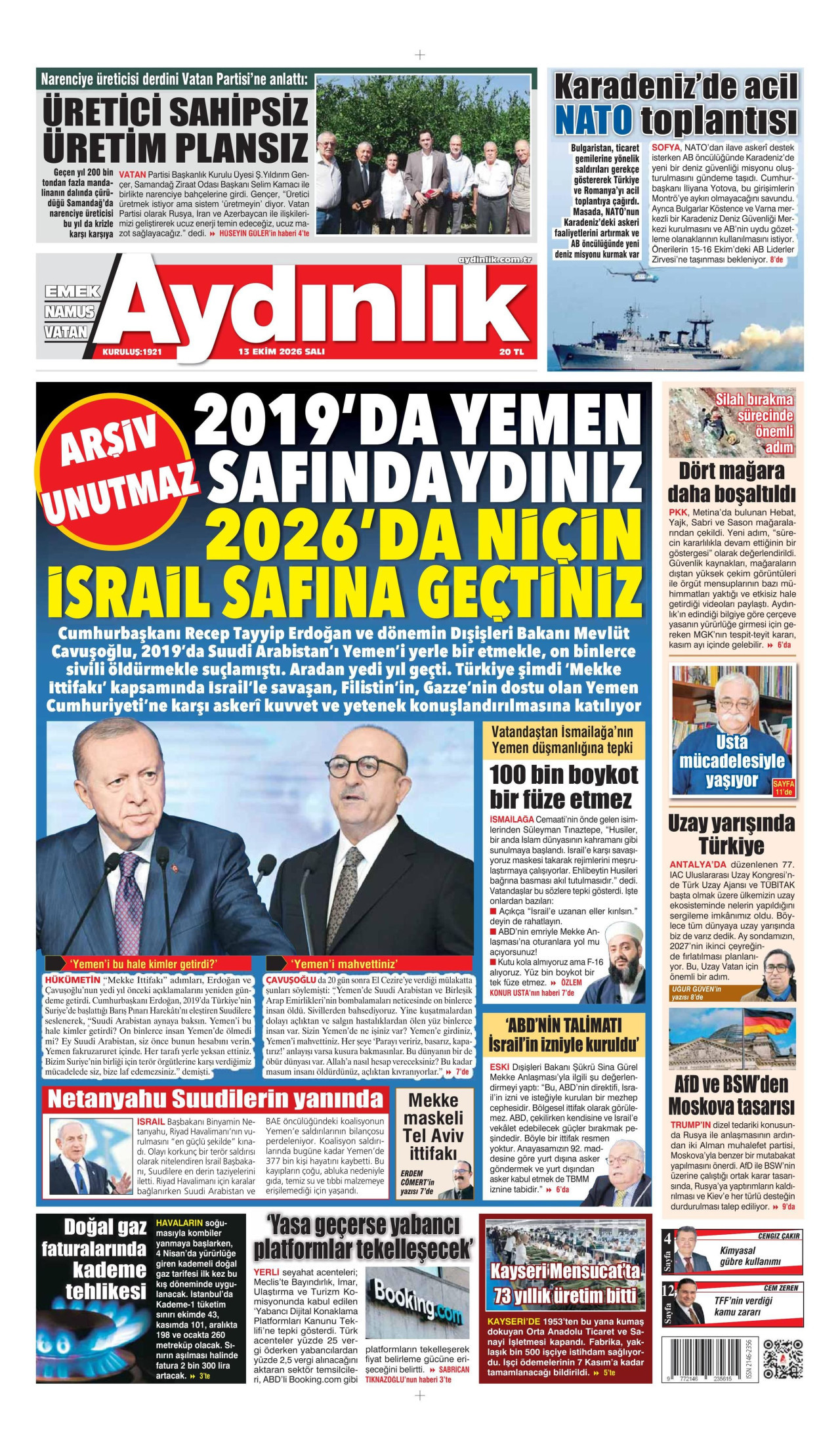 Aydınlık Gazetesi 13 Ekim 2026 Salı Manşeti Büyük Boyut