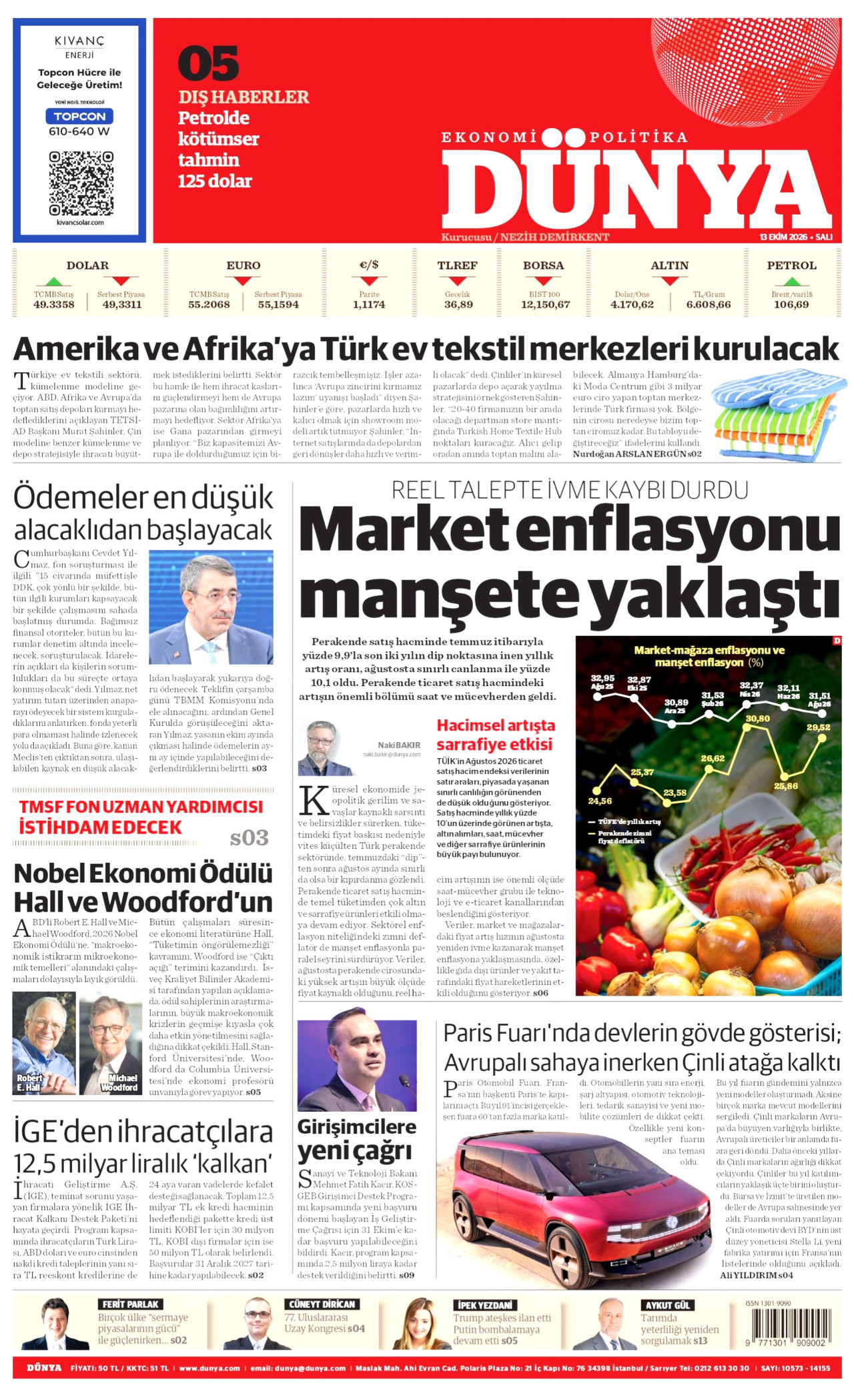 Dünya Gazetesi 13 Ekim 2026 Salı Manşeti Büyük Boyut