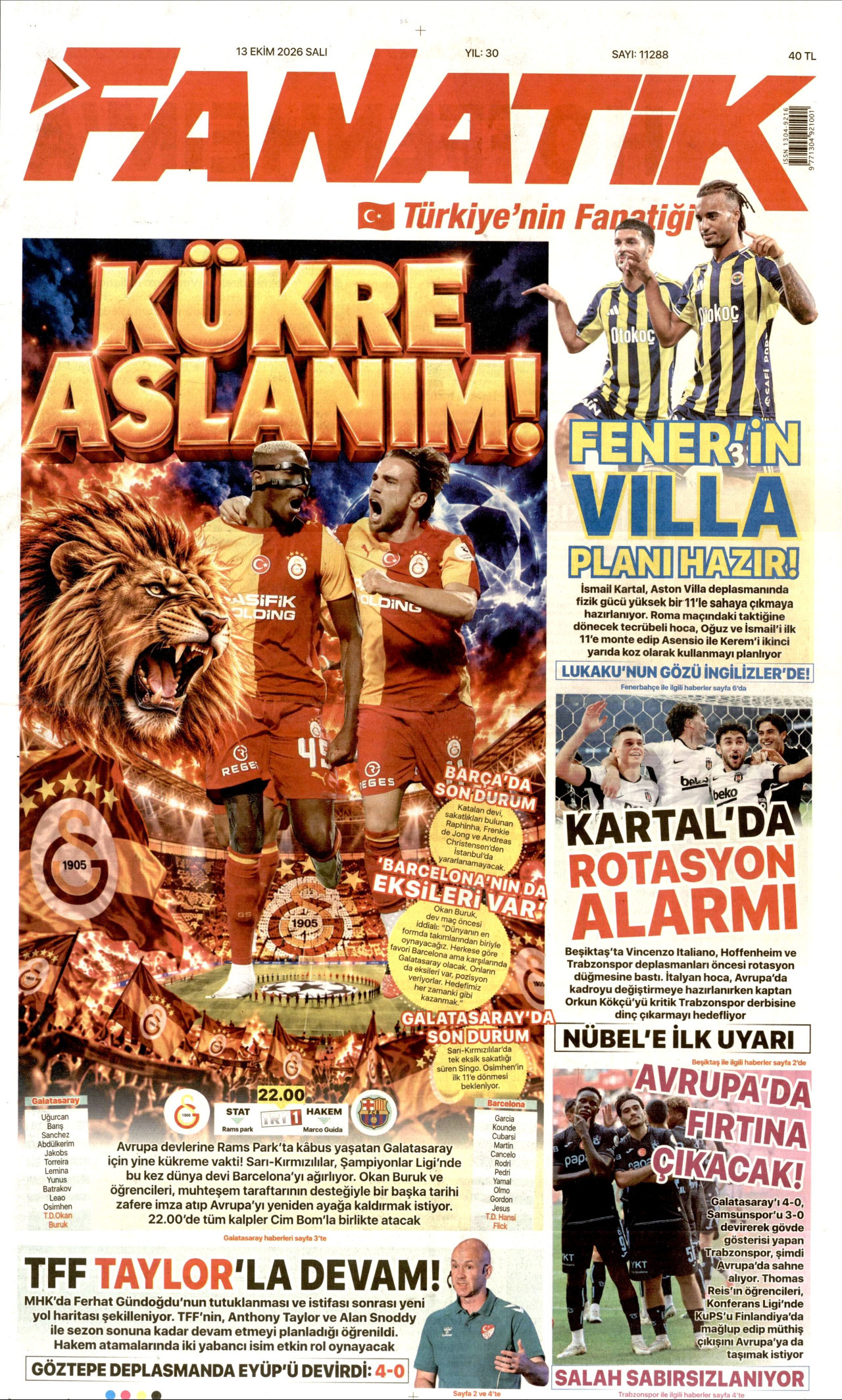 Fanatik Gazetesi 13 Ekim 2026 Salı Manşeti Büyük Boyut