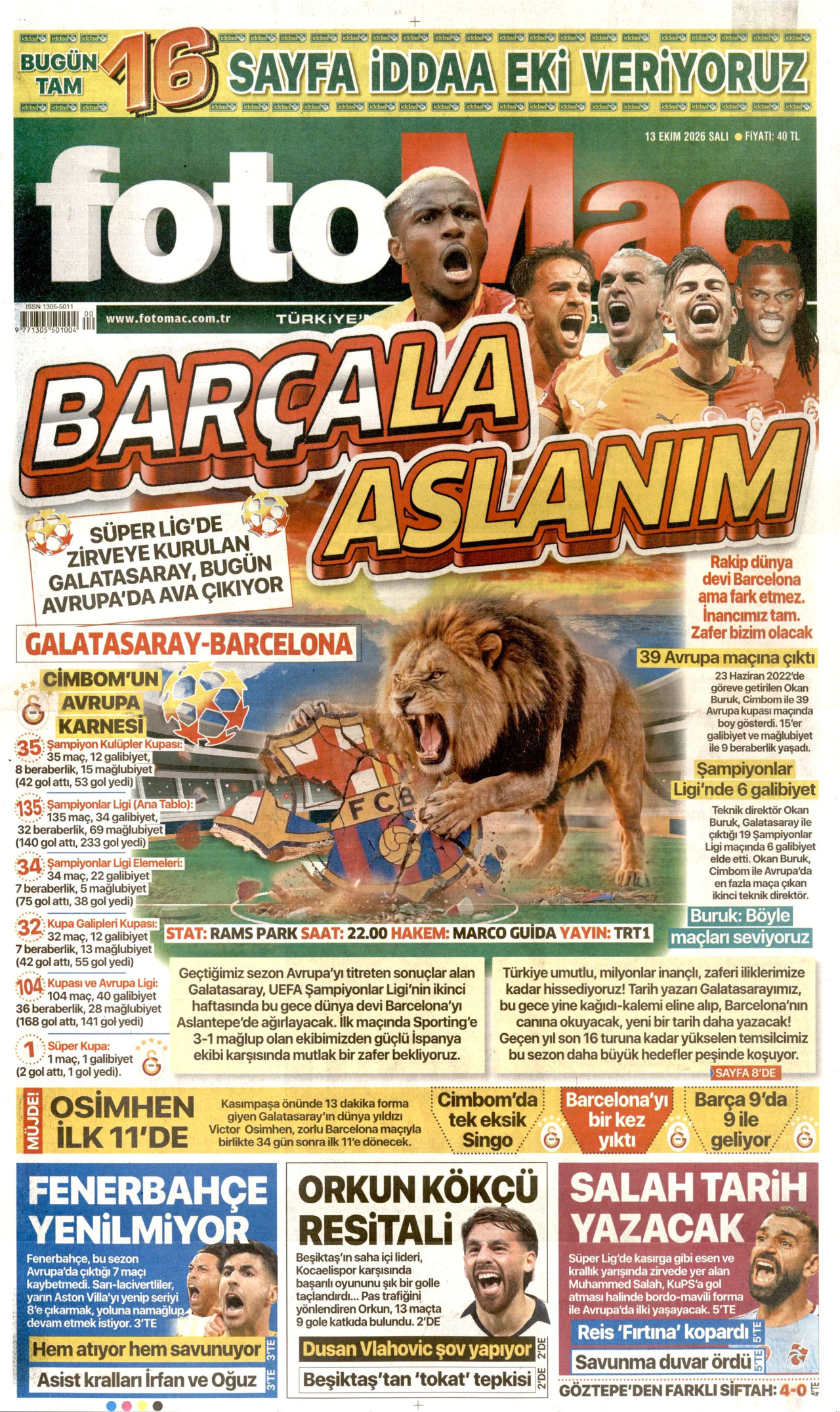 Fotomaç Gazetesi 13 Ekim 2026 Salı Manşeti Büyük Boyut