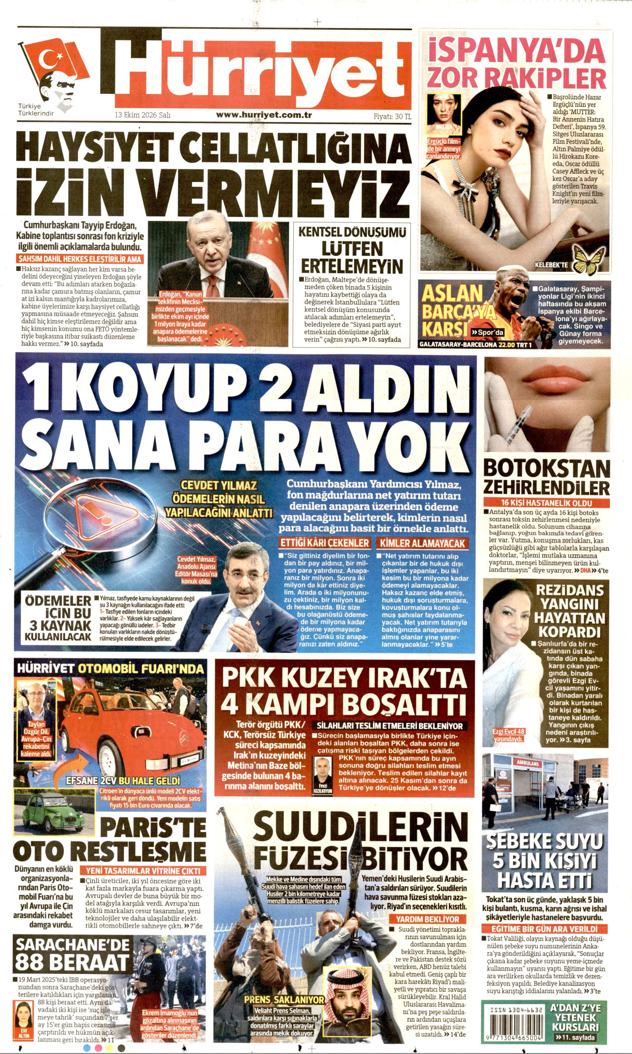 Hürriyet Gazetesi 13 Ekim 2026 Salı Manşeti Büyük Boyut