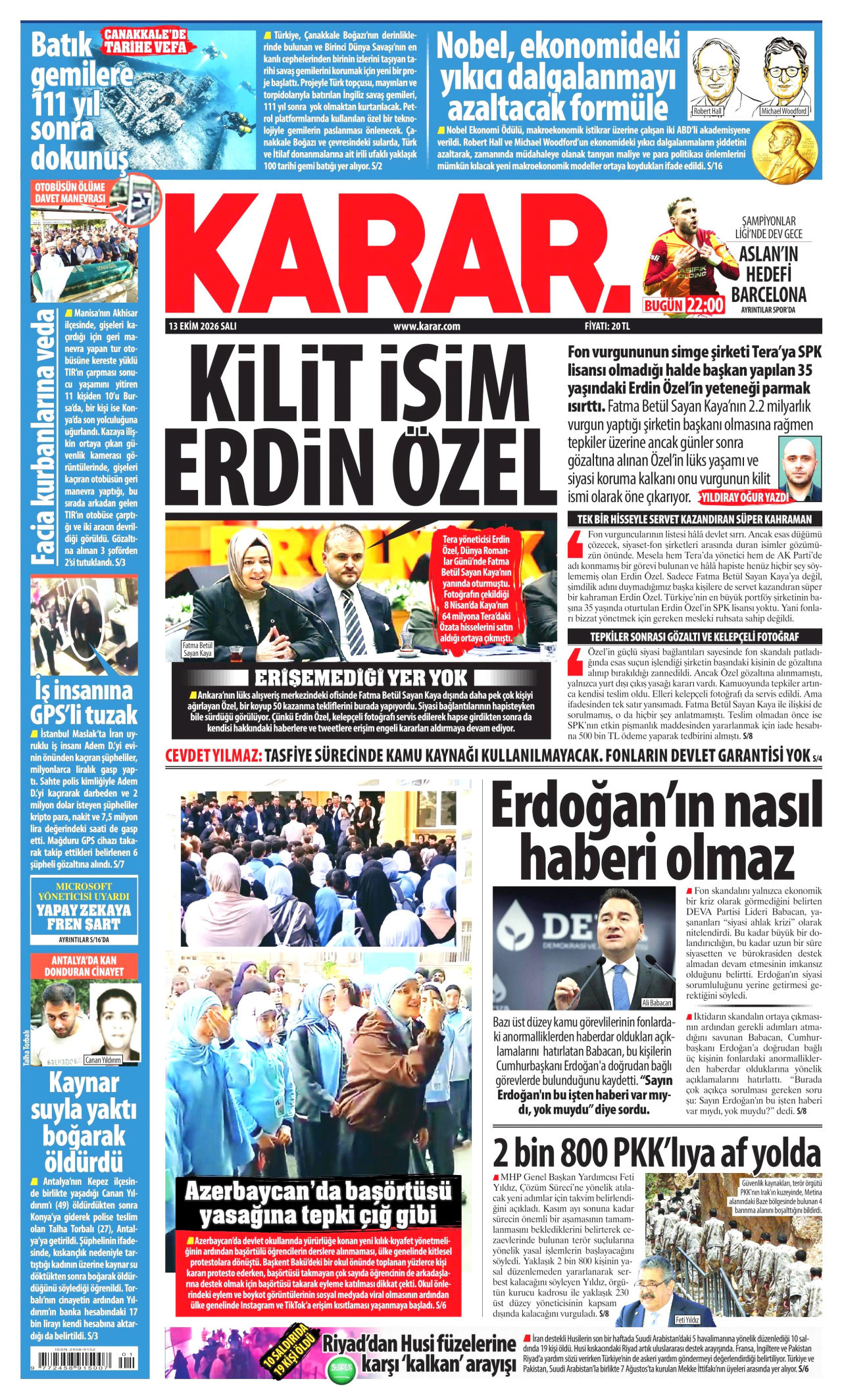 Karar Gazetesi 13 Ekim 2026 Salı Manşeti Büyük Boyut