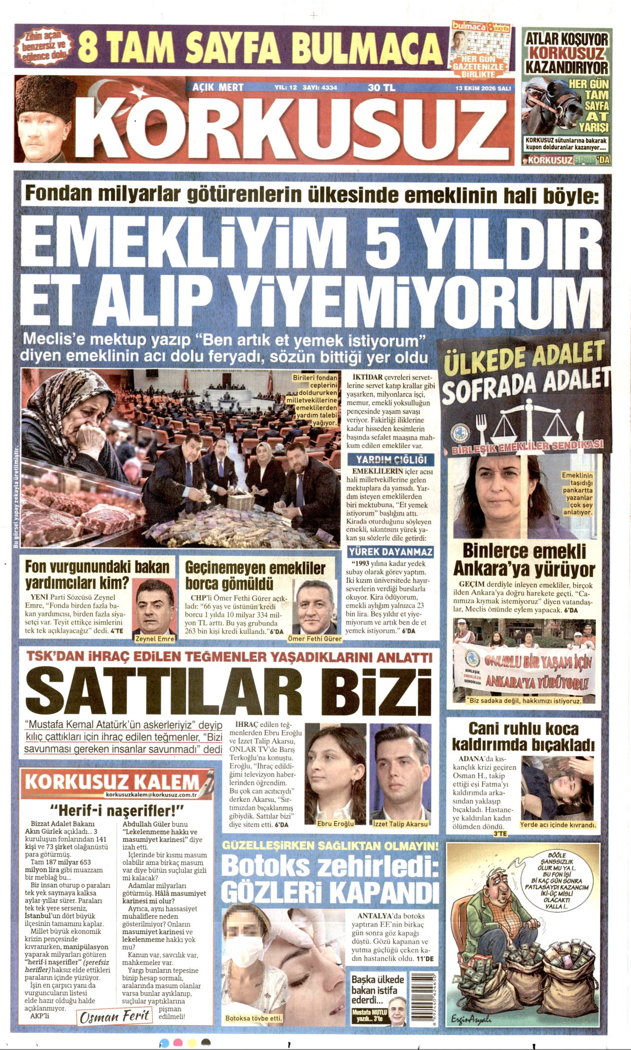 Korkusuz Gazetesi 13 Ekim 2026 Salı Manşeti Büyük Boyut