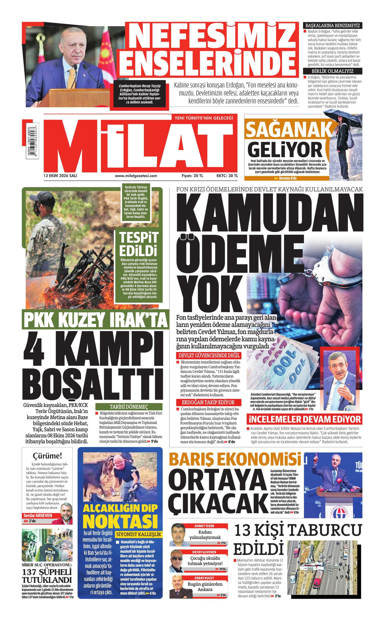 Milat Gazetesi 13 Ekim 2026 Salı Manşeti Büyük Boyut