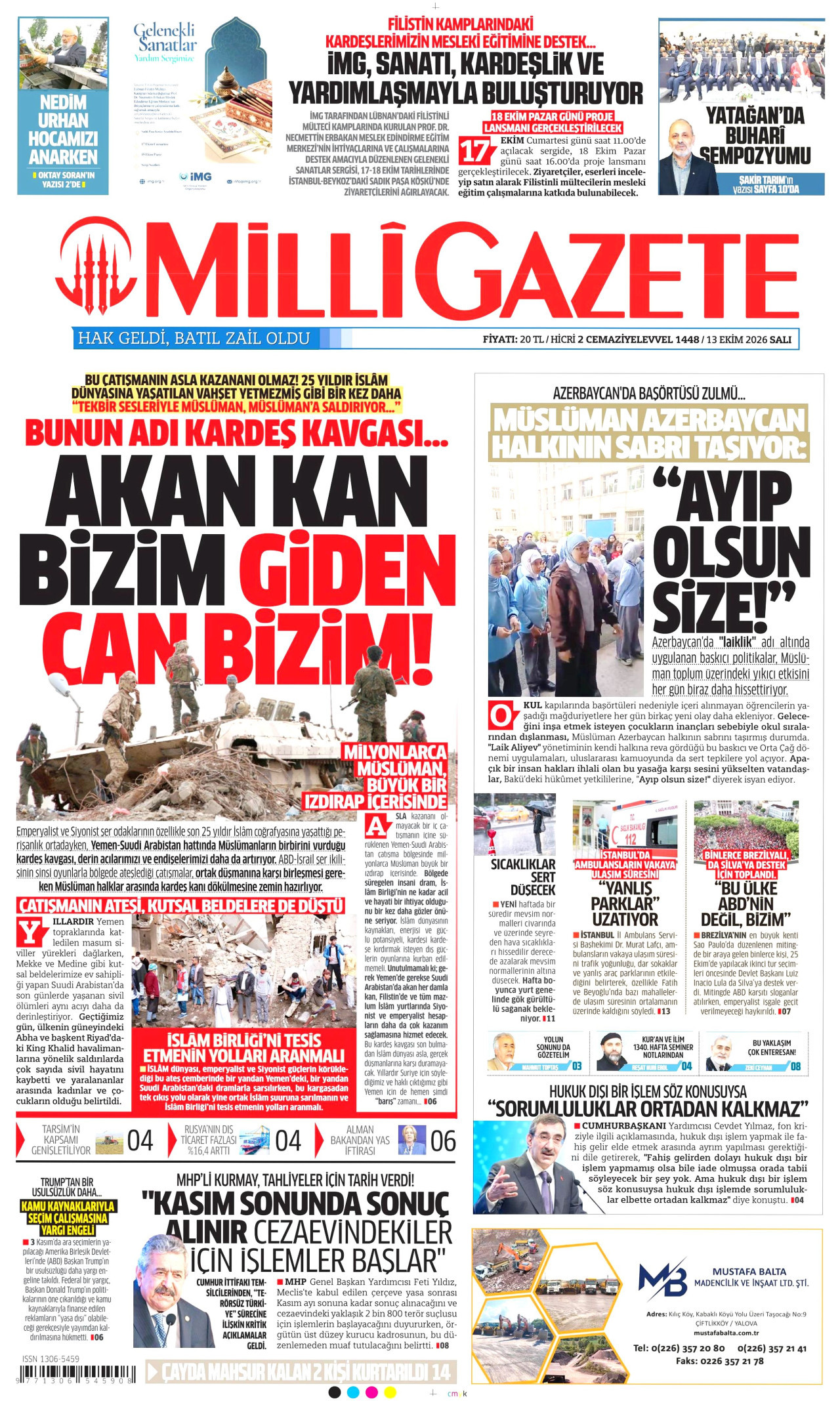 Milli Gazete Gazetesi 13 Ekim 2026 Salı Manşeti Büyük Boyut
