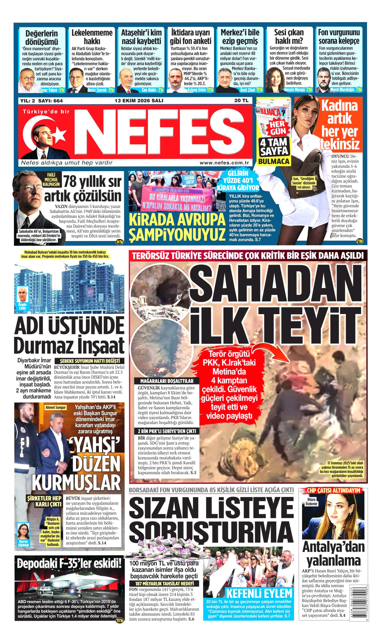 Nefes Gazetesi 13 Ekim 2026 Salı Manşeti Büyük Boyut