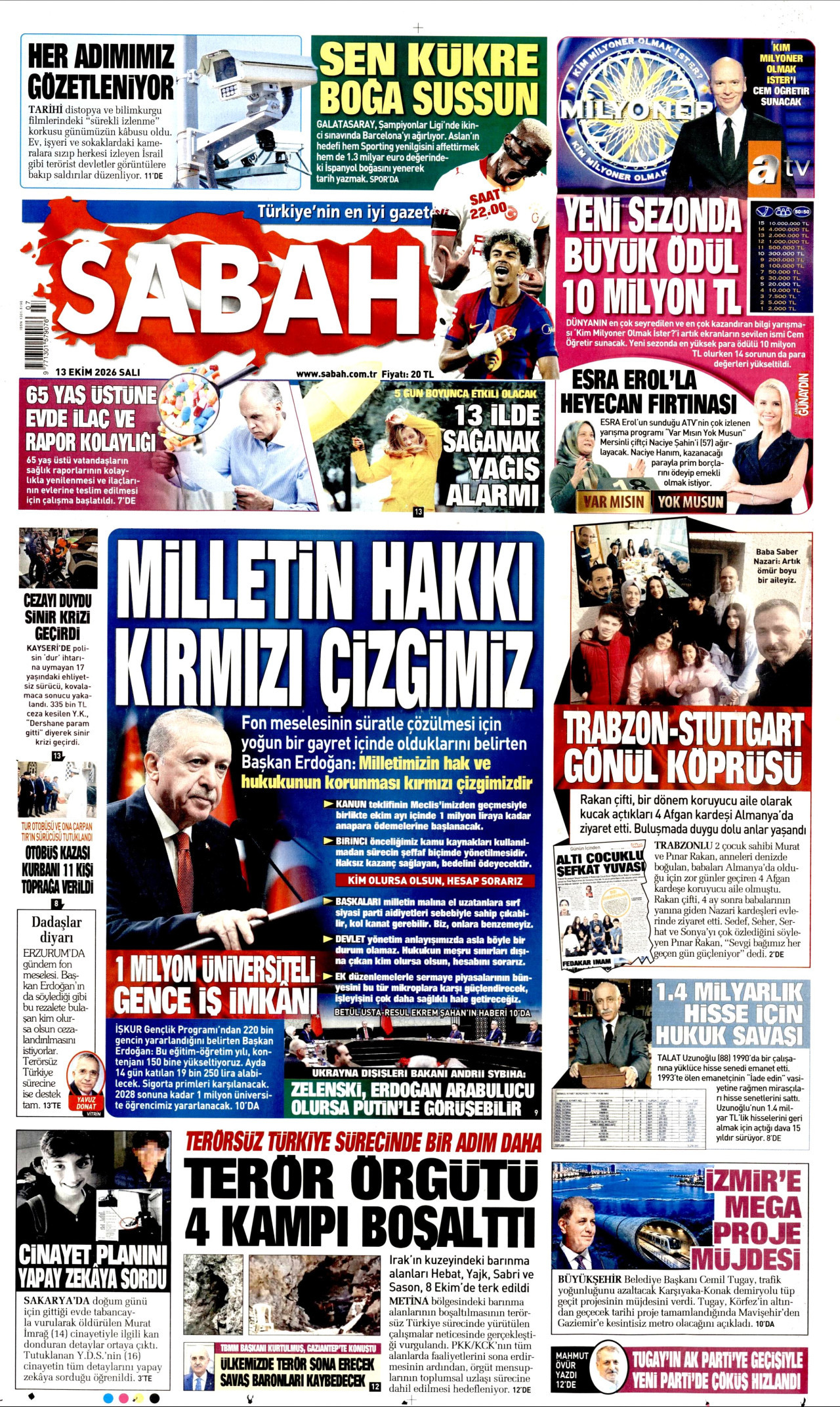 Sabah Gazetesi 13 Ekim 2026 Salı Manşeti Büyük Boyut