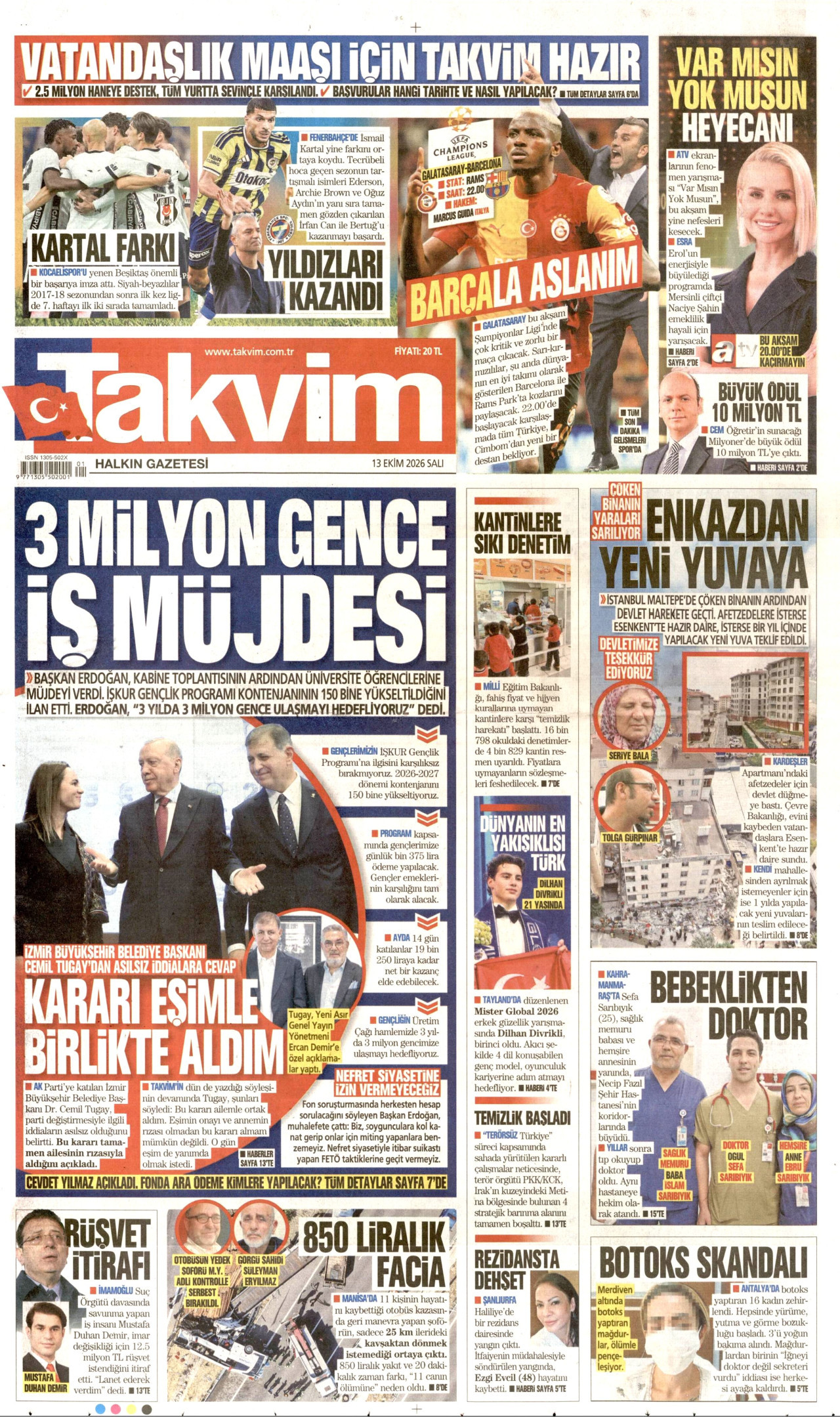 Takvim Gazetesi 13 Ekim 2026 Salı Manşeti Büyük Boyut