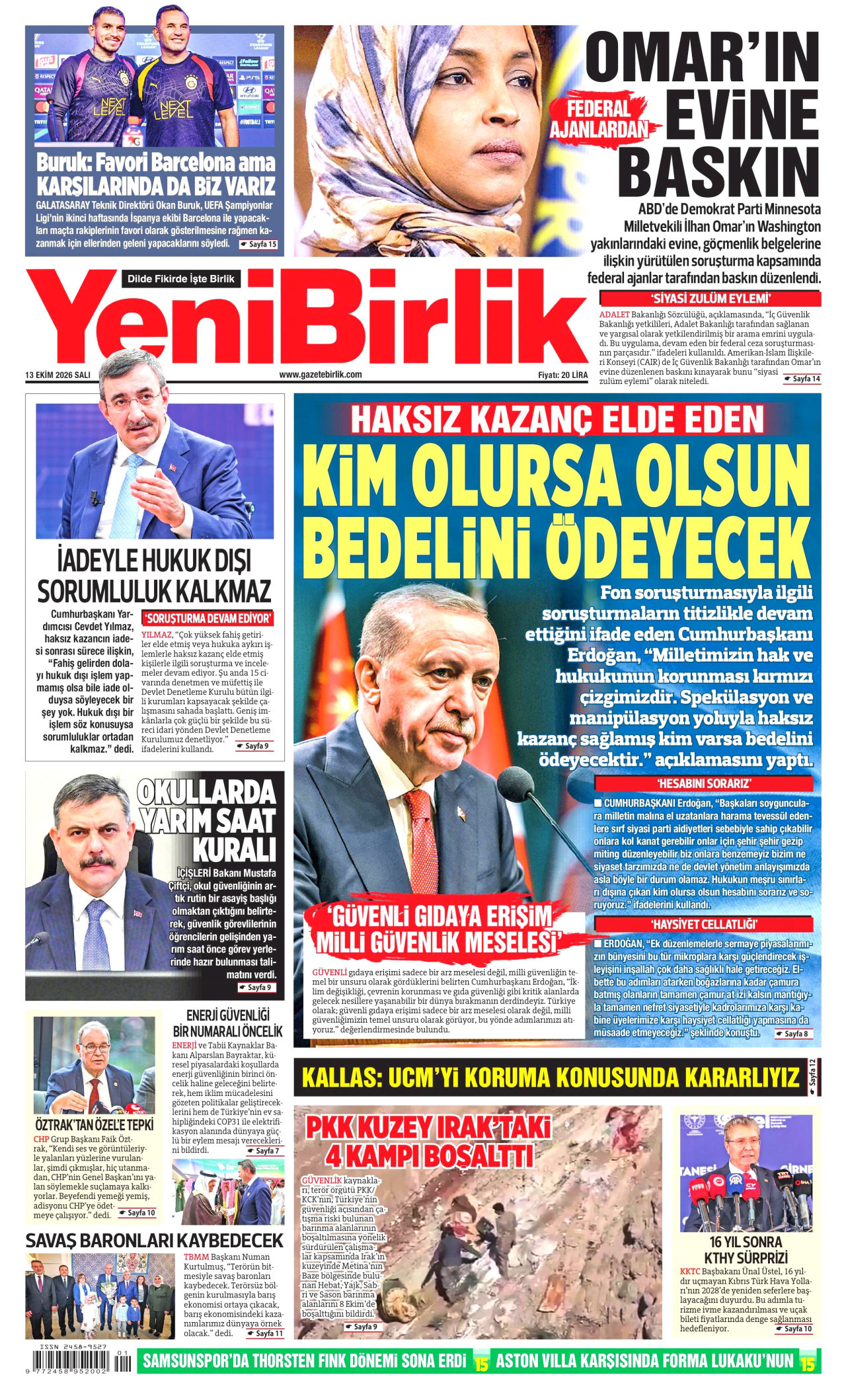YeniBirlik Gazetesi 13 Ekim 2026 Salı Manşeti Büyük Boyut