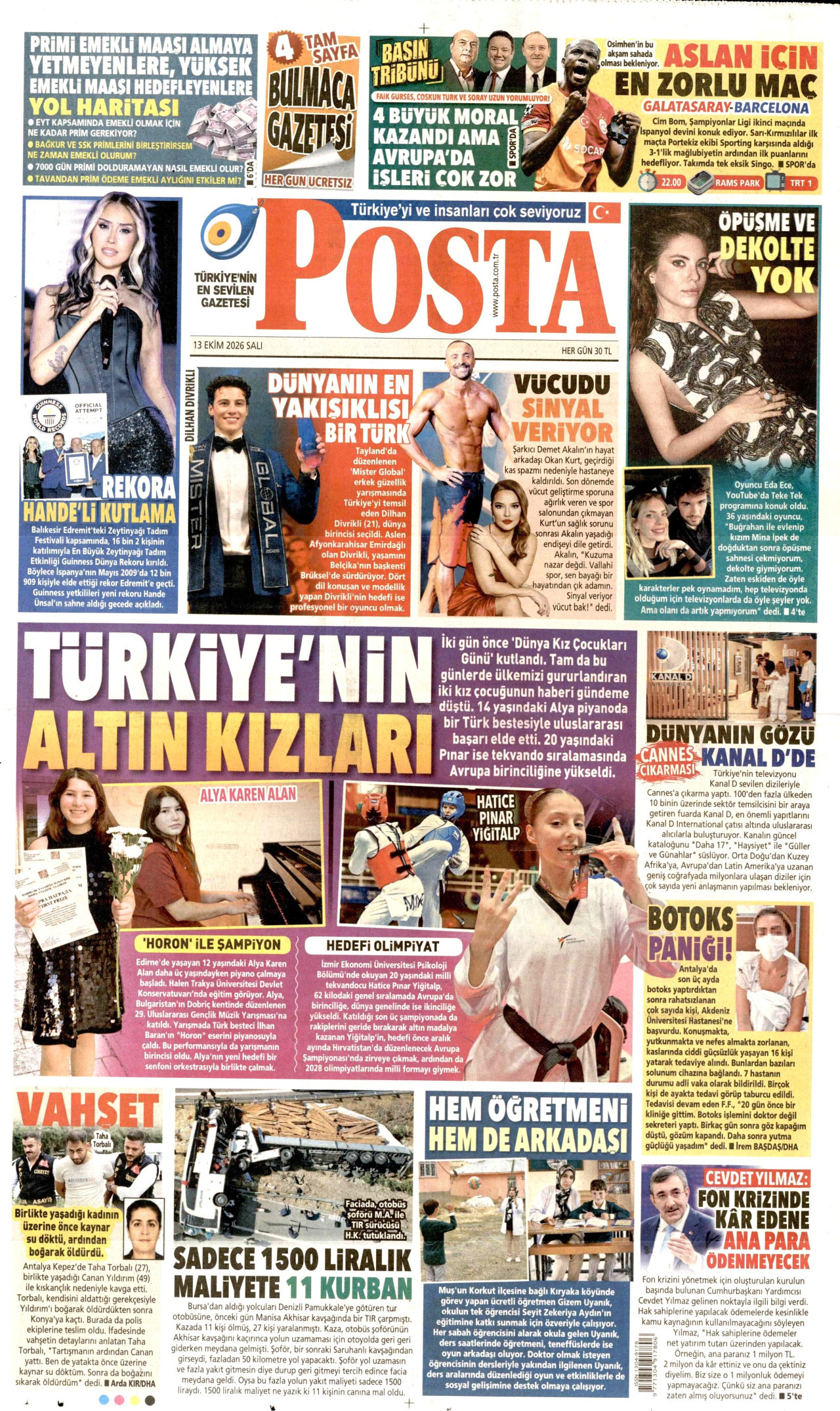 Posta Gazetesi 14 Ekim 2026 Çarşamba Manşeti Büyük Boyut