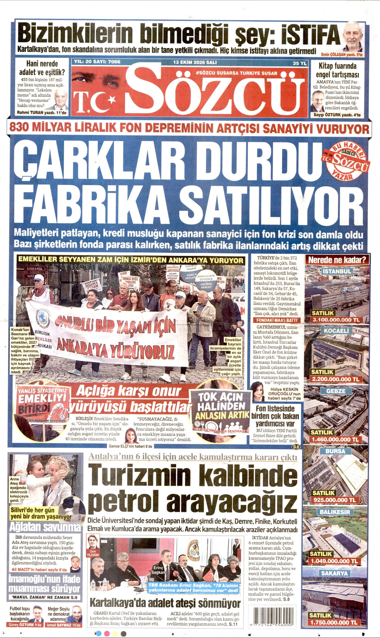 Sözcü Gazetesi 14 Ekim 2026 Çarşamba Manşeti Büyük Boyut