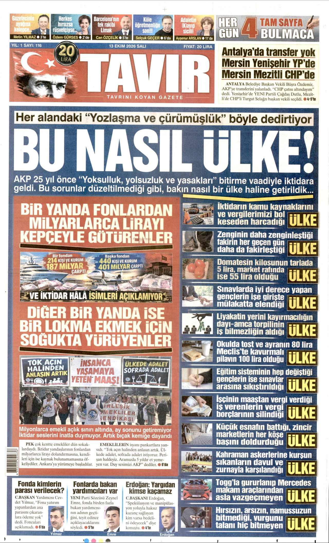 Tavır Gazetesi 14 Ekim 2026 Çarşamba Manşeti Büyük Boyut