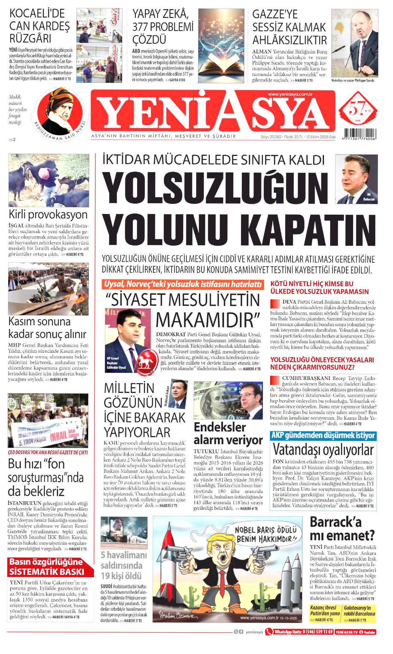 Yeni Asya Gazetesi 14 Ekim 2026 Çarşamba Manşeti Büyük Boyut