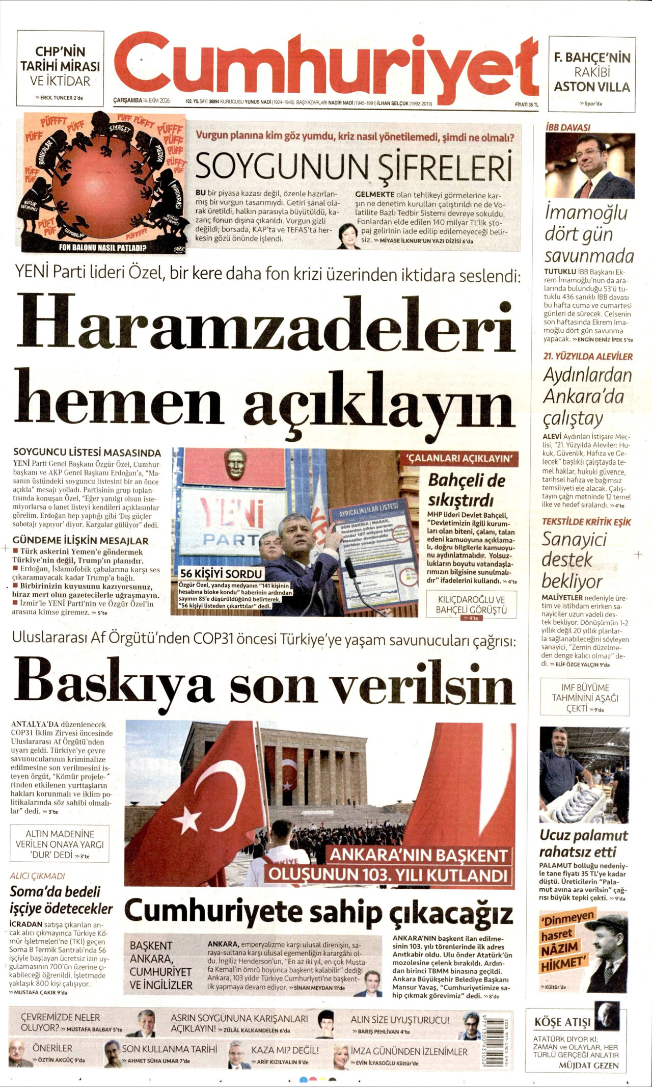 Cumhuriyet Gazetesi 15 Ekim 2026 Perşembe Manşeti Büyük Boyut
