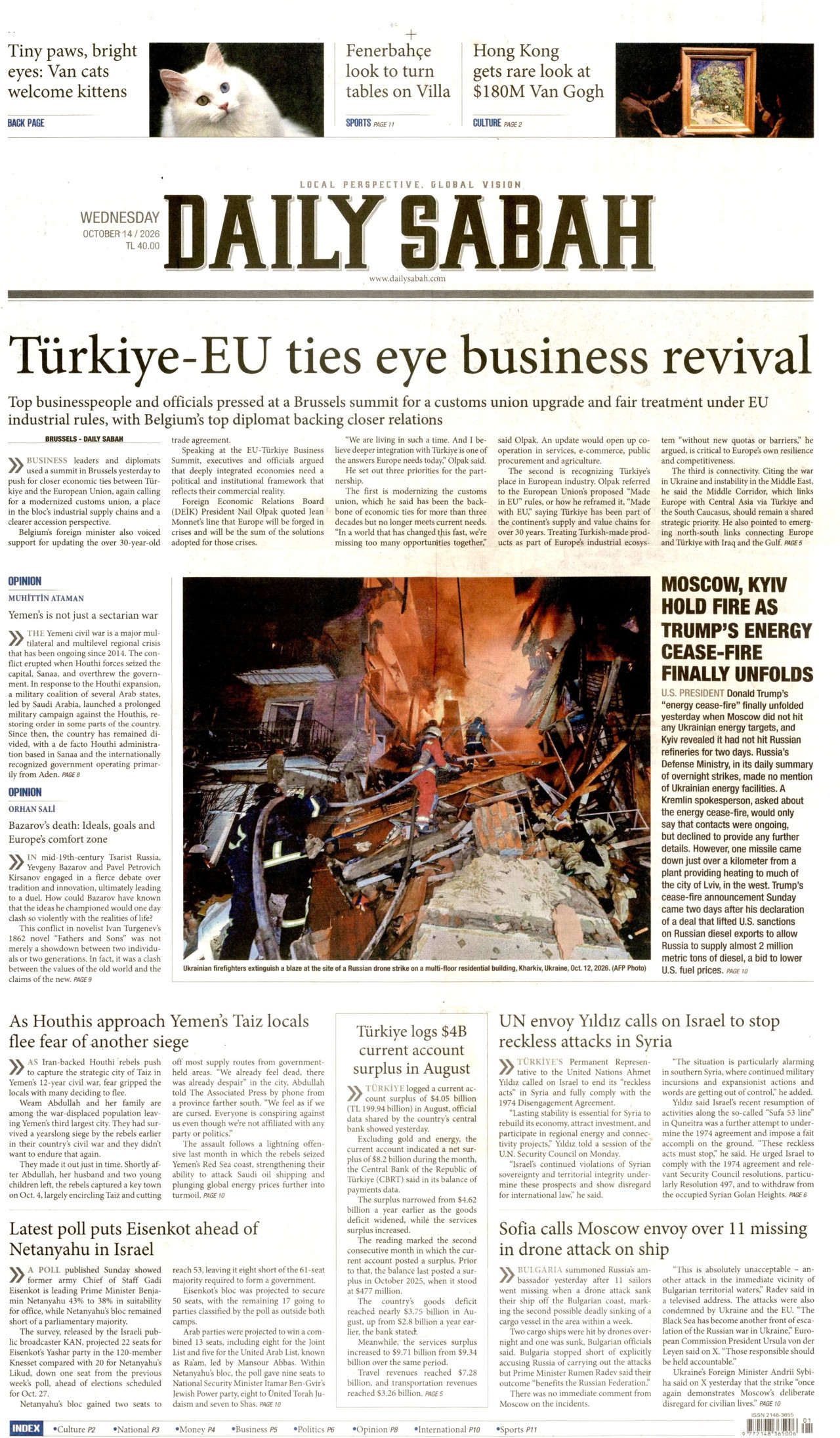 Daily Sabah Gazetesi 15 Ekim 2026 Perşembe Manşeti Büyük Boyut