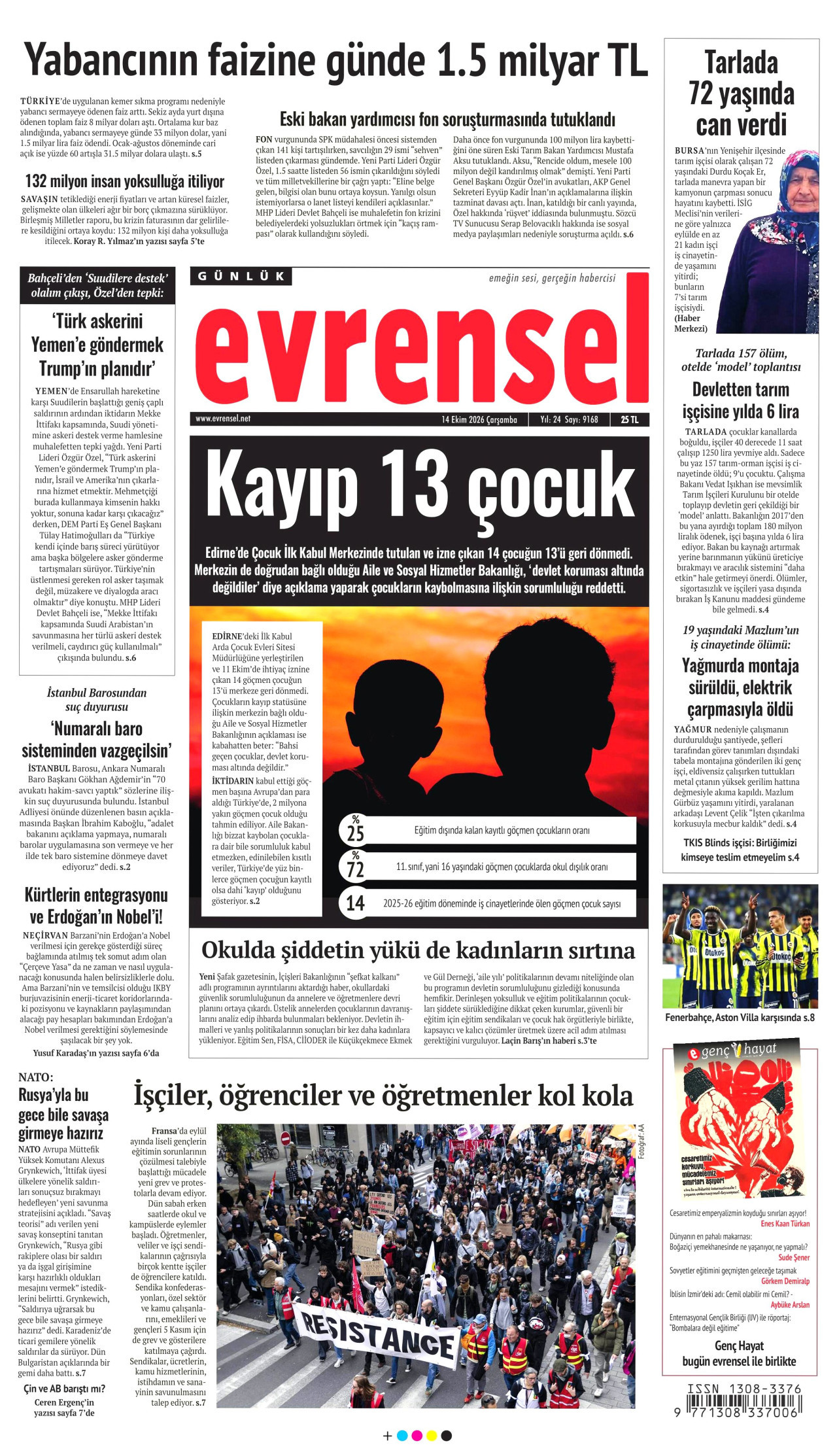 Evrensel Gazetesi 15 Ekim 2026 Perşembe Manşeti Büyük Boyut