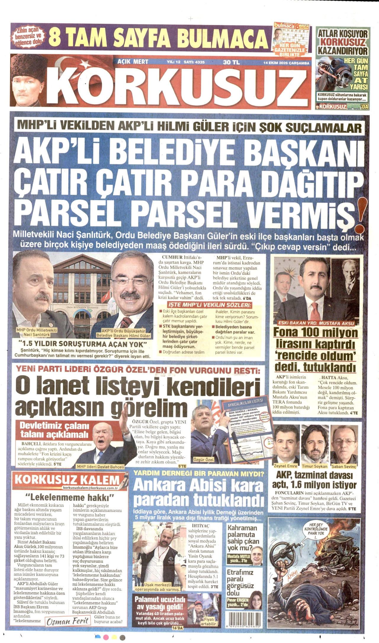 Korkusuz Gazetesi 15 Ekim 2026 Perşembe Manşeti Büyük Boyut