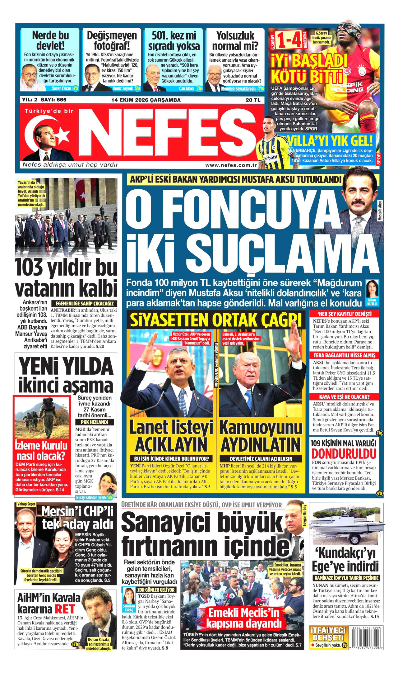 Nefes Gazetesi 15 Ekim 2026 Perşembe Manşeti Büyük Boyut