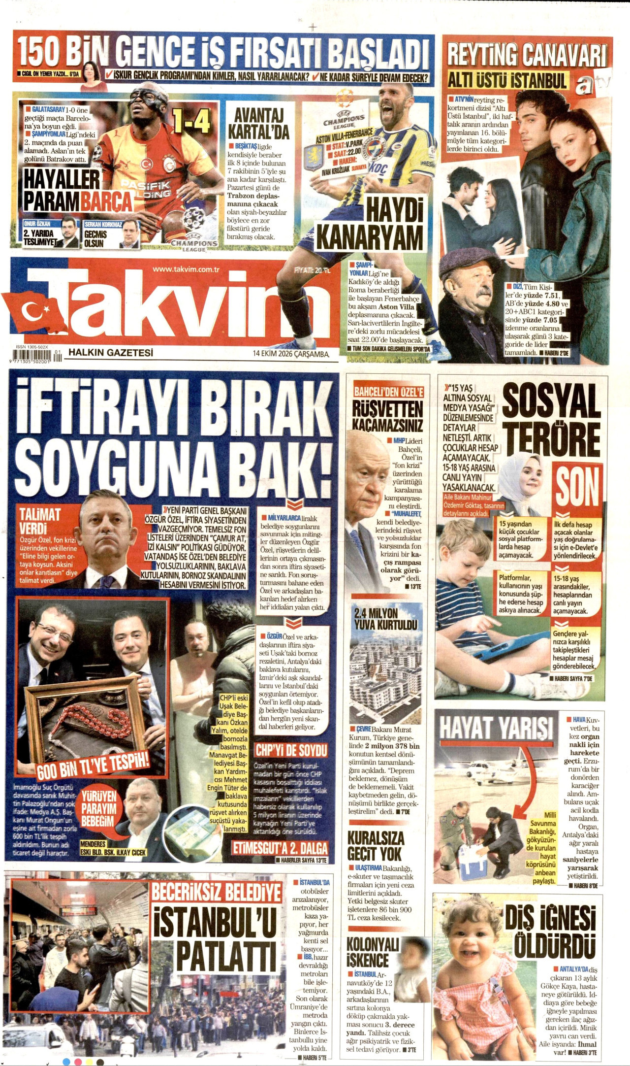 Takvim Gazetesi 15 Ekim 2026 Perşembe Manşeti Büyük Boyut