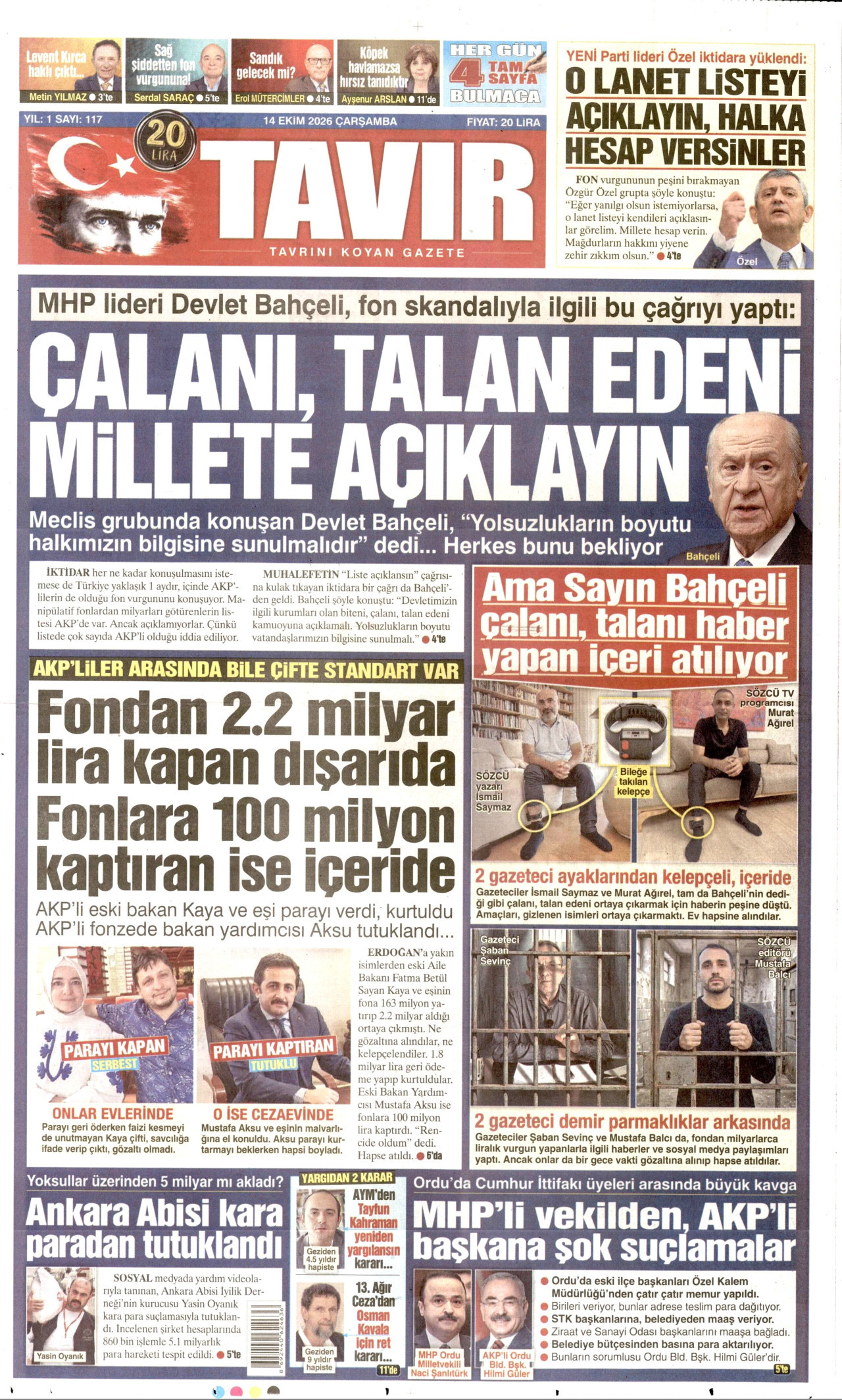 Tavır Gazetesi 15 Ekim 2026 Perşembe Manşeti Büyük Boyut