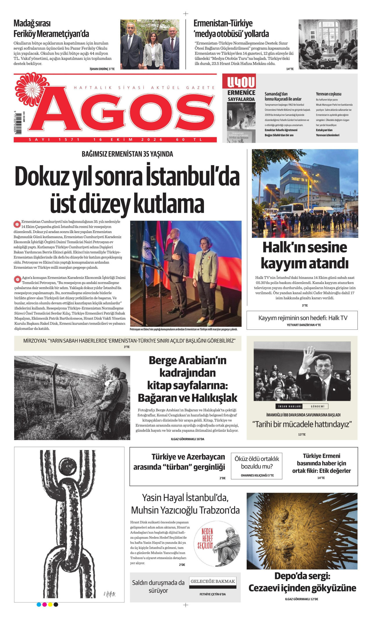 Agos Gazetesi 16 Ekim 2026 Cuma Manşeti Büyük Boyut