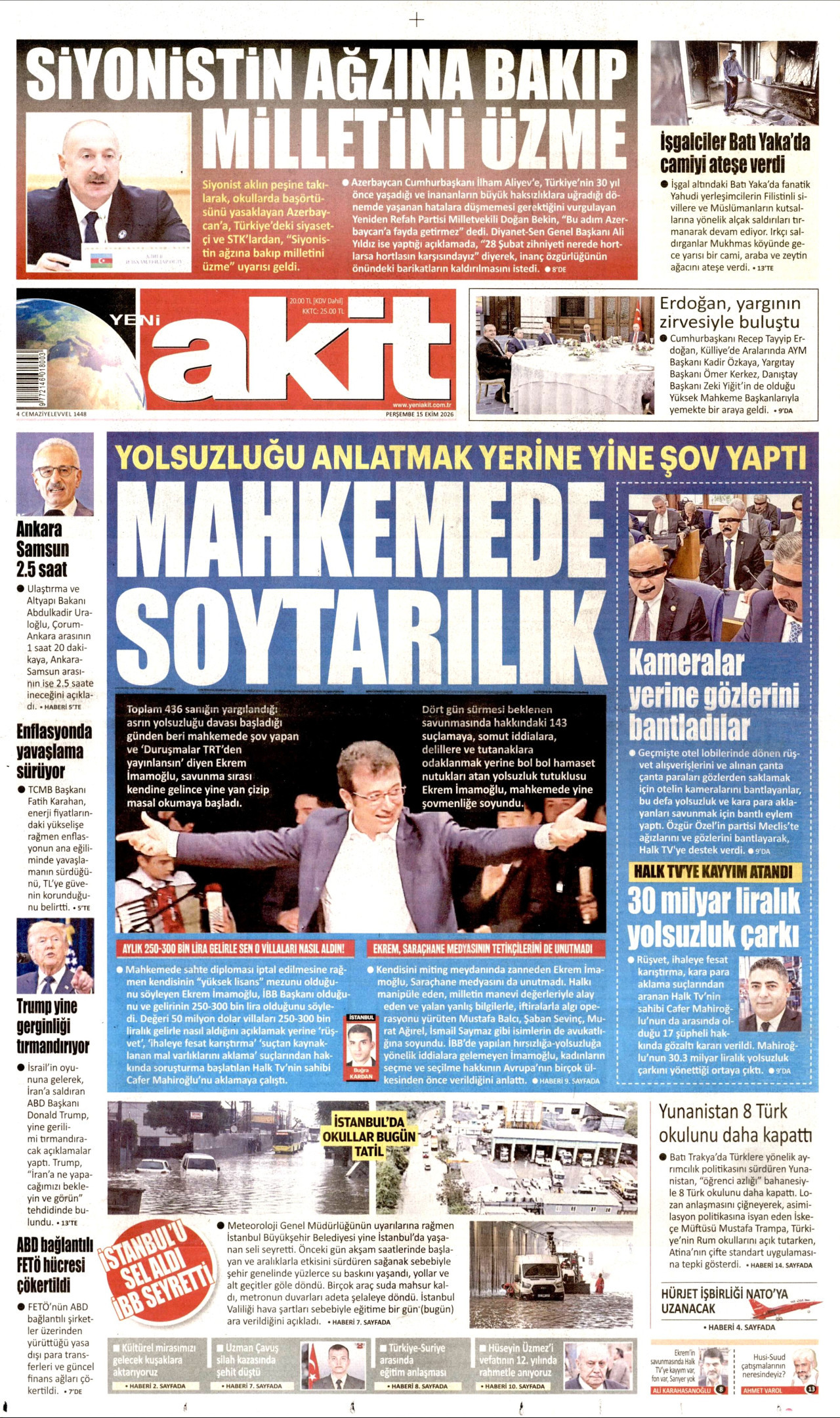 Yeni Akit Gazetesi 16 Ekim 2026 Cuma Manşeti Büyük Boyut