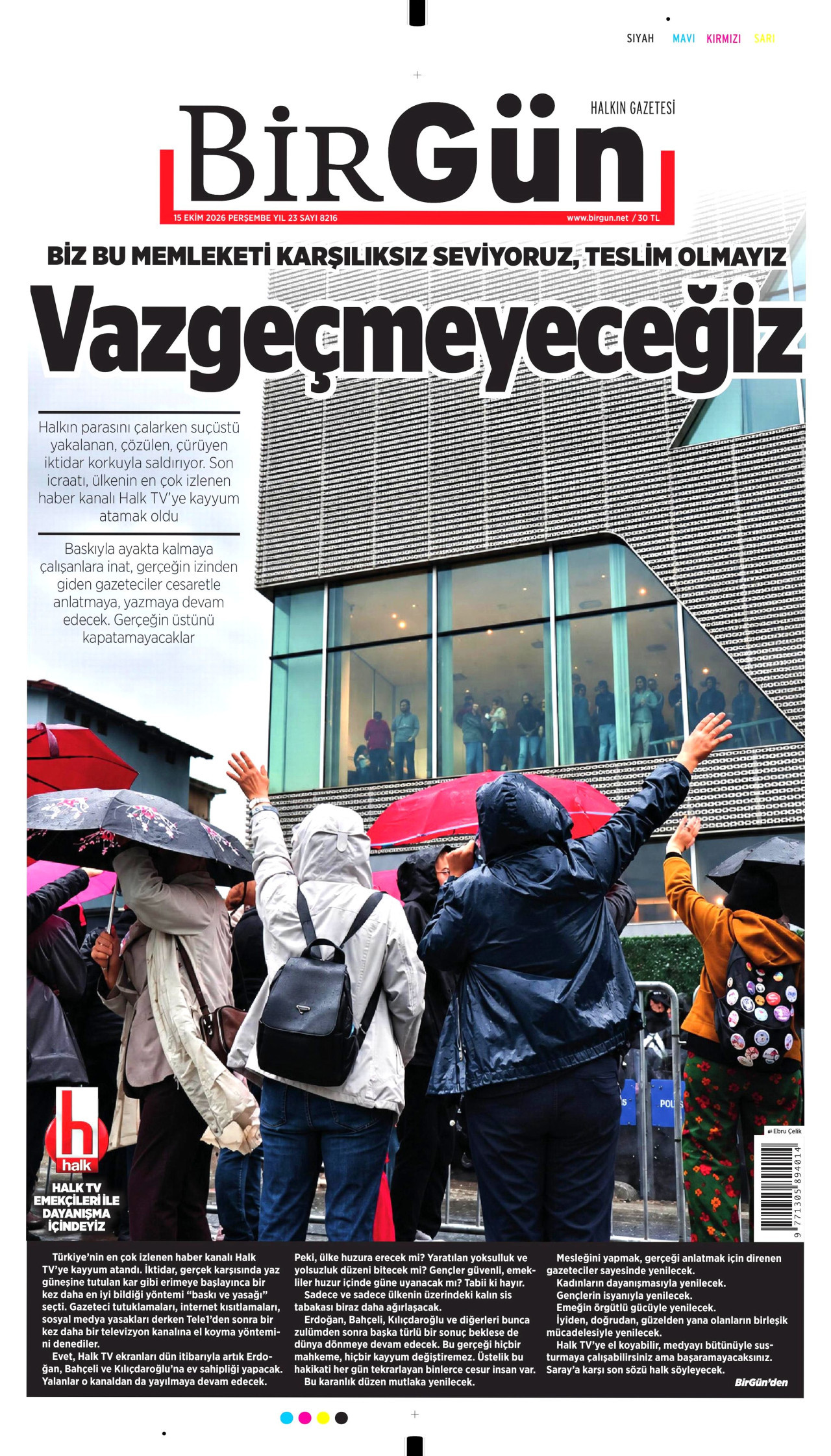 BirGün Gazetesi 16 Ekim 2026 Cuma Manşeti Büyük Boyut