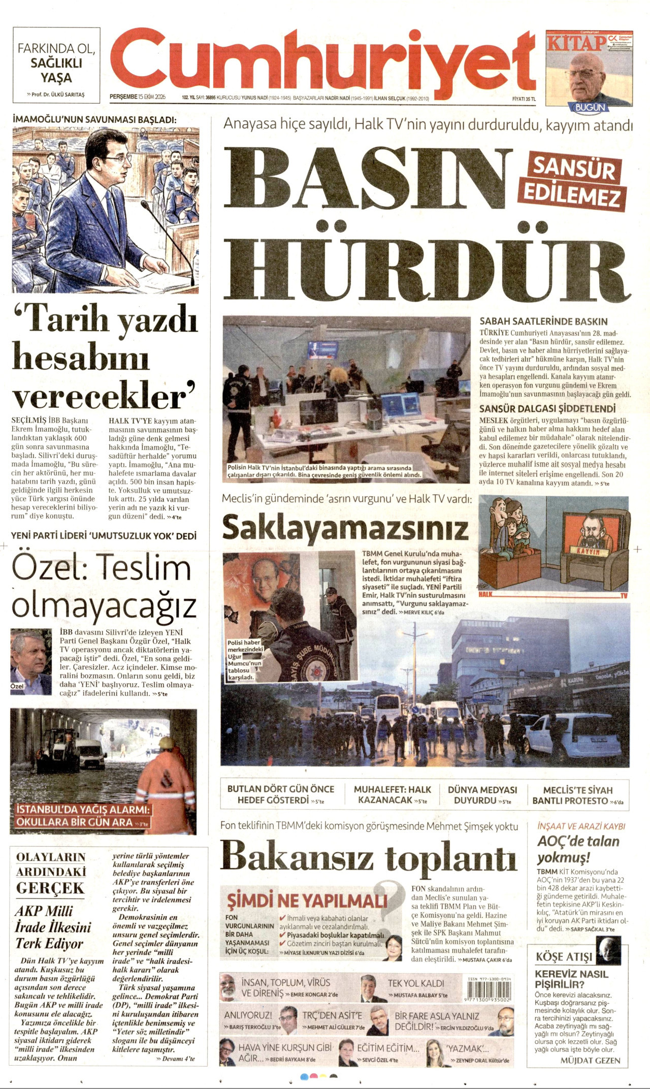 Cumhuriyet Gazetesi 16 Ekim 2026 Cuma Manşeti Büyük Boyut
