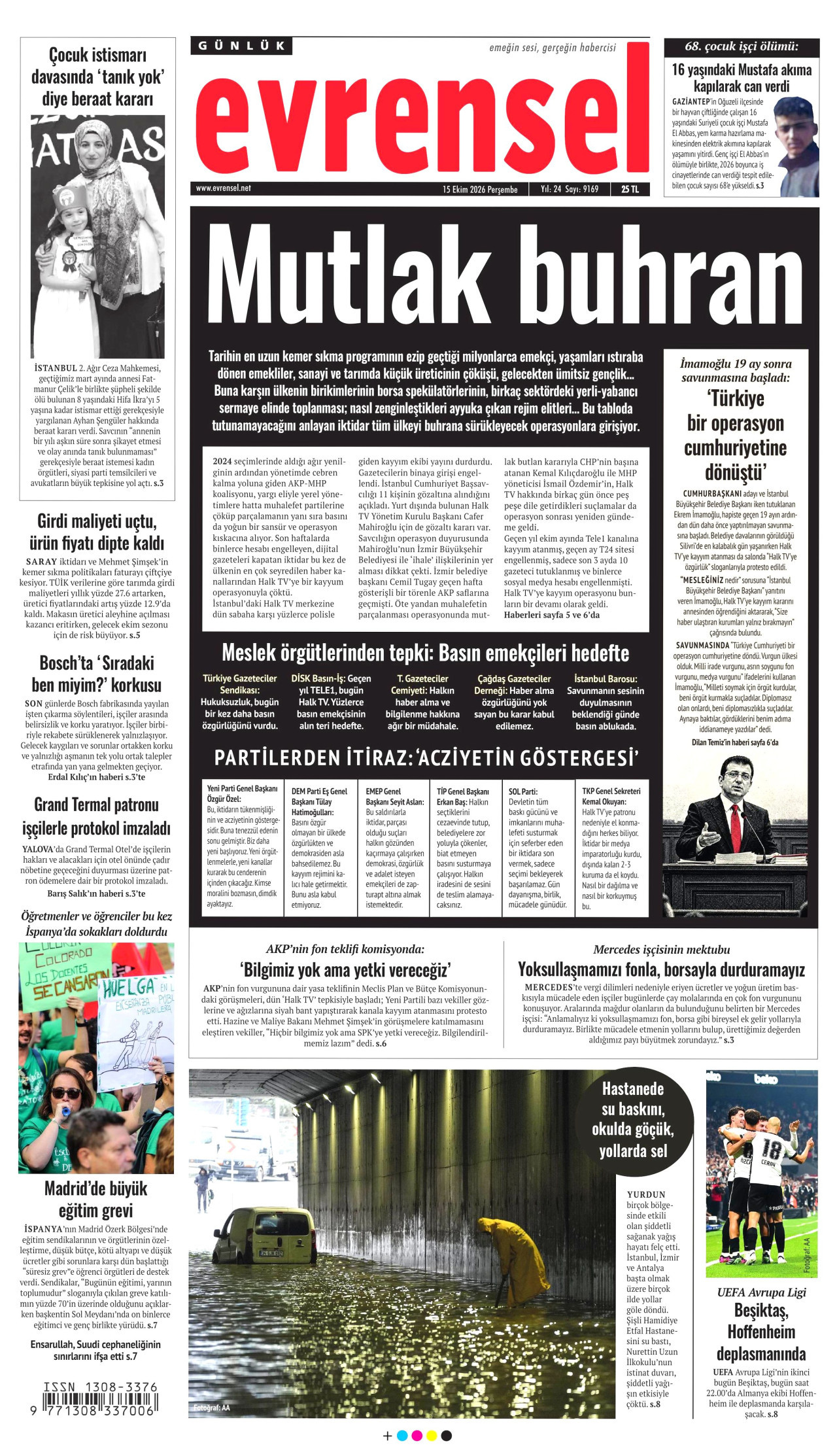 Evrensel Gazetesi 16 Ekim 2026 Cuma Manşeti Büyük Boyut