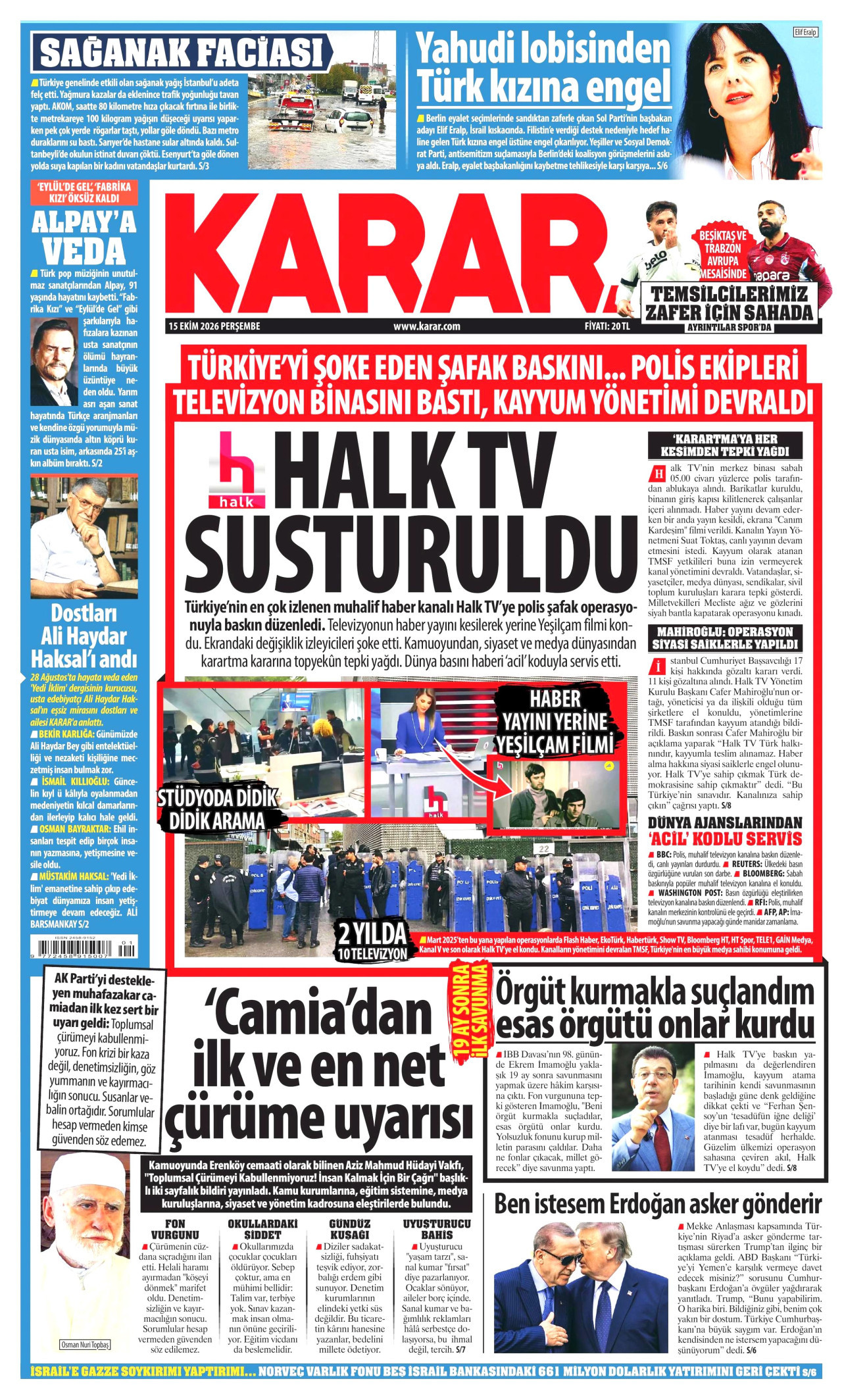 Karar Gazetesi 16 Ekim 2026 Cuma Manşeti Büyük Boyut