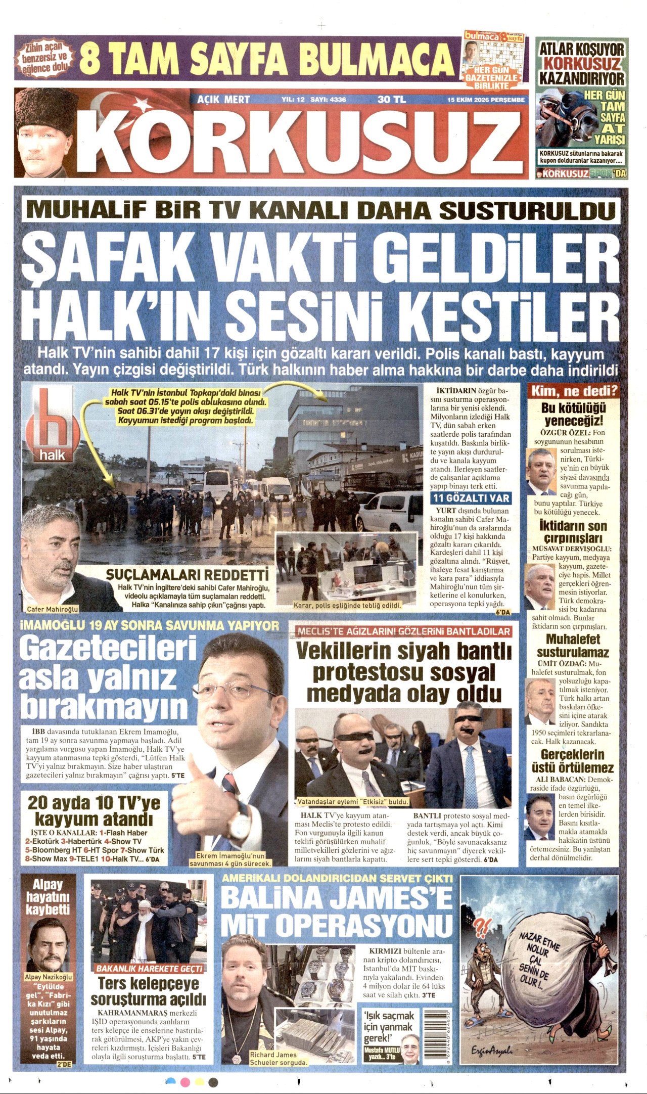 Korkusuz Gazetesi 16 Ekim 2026 Cuma Manşeti Büyük Boyut