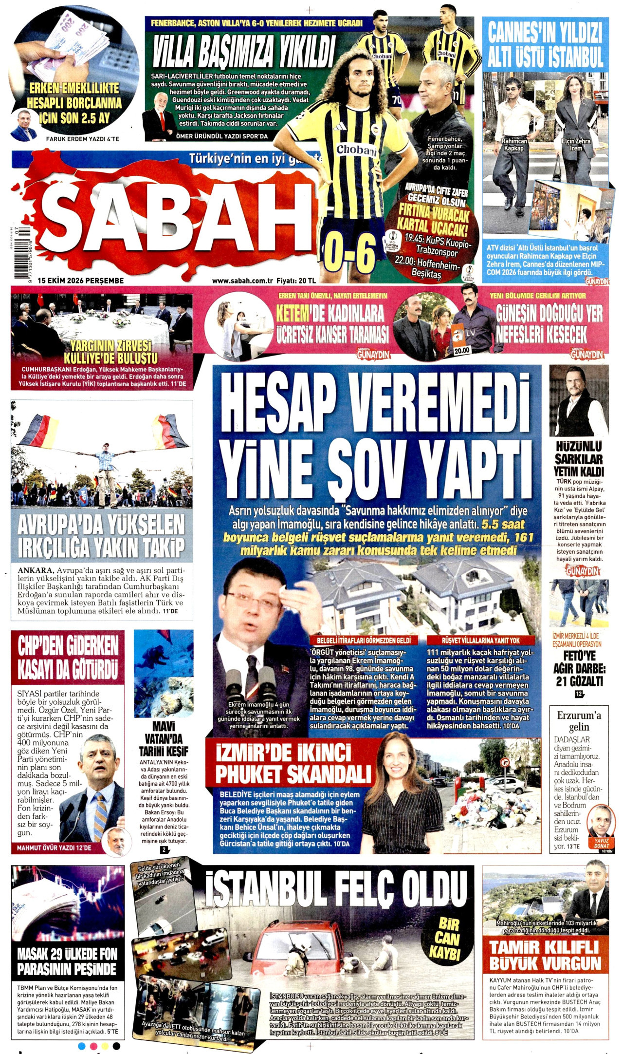 Sabah Gazetesi 16 Ekim 2026 Cuma Manşeti Büyük Boyut