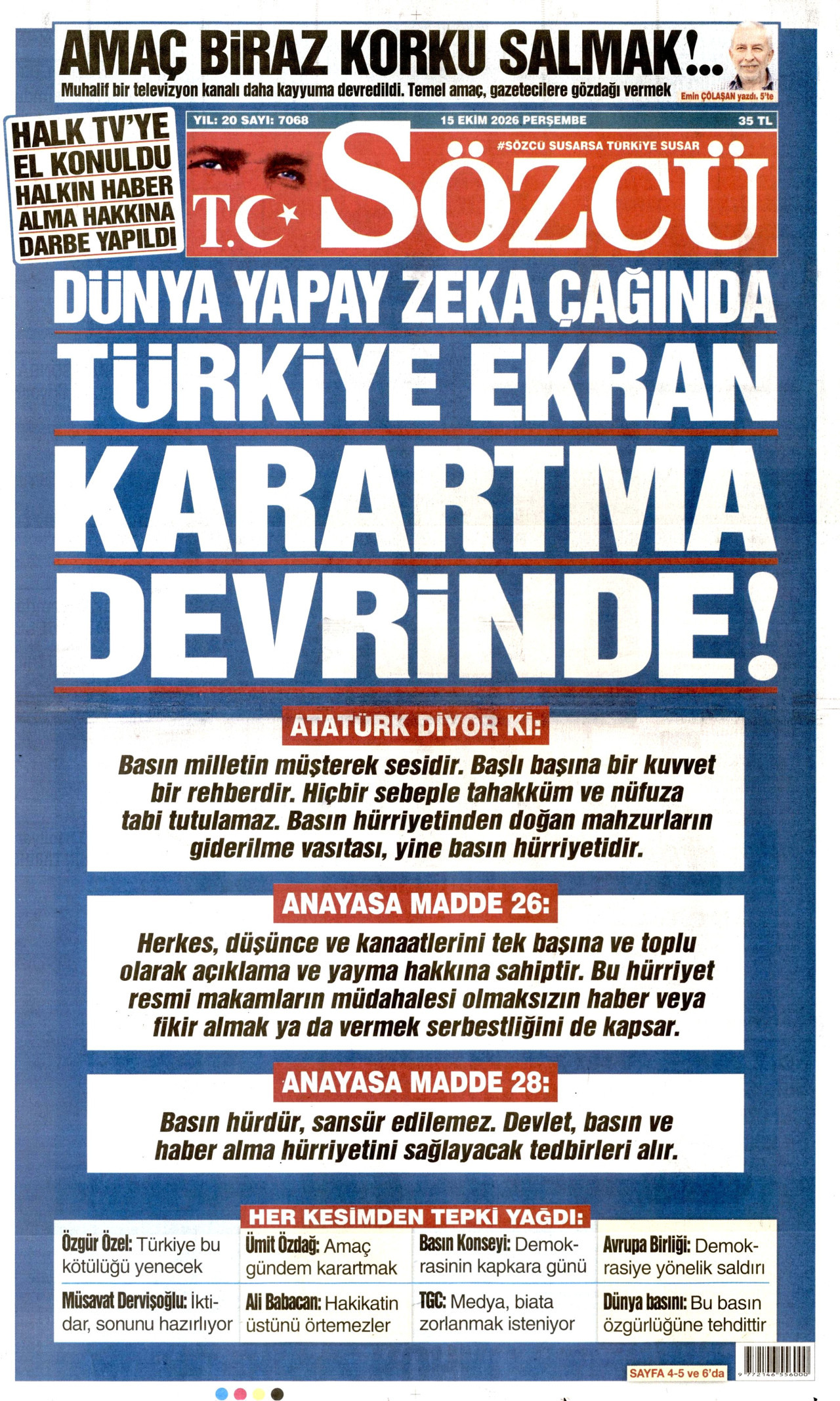 Sözcü Gazetesi 16 Ekim 2026 Cuma Manşeti Büyük Boyut