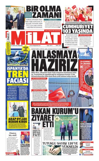 Milat Gazetesi 29 Ekim 2026 Manşeti